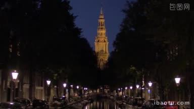 <strong>阿姆斯特丹</strong>的夜景与运河和zuiderkerk与以下重点城市口号旅行到<strong>荷兰</strong>